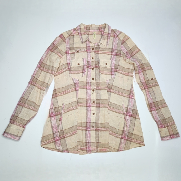 Free People Linen Blend Plaid Button Shirt Womens Medium Pink Tan Pockets NWT - Picture 2 of 10